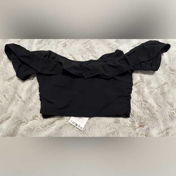 Zara Black Ruffled Off Shoulder Crop Top - Picture 4 of 8
